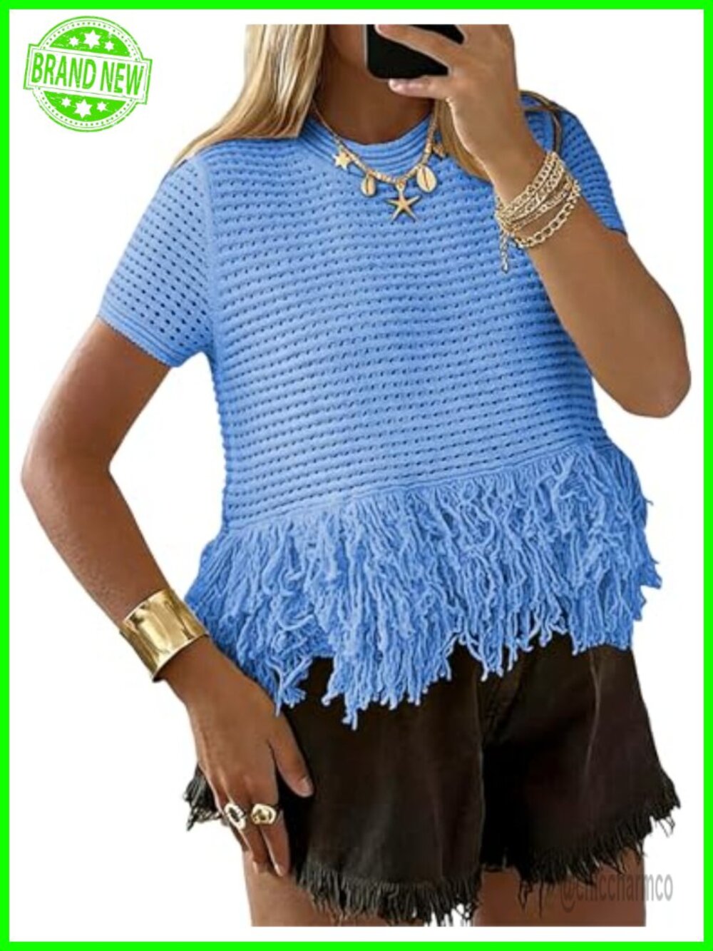 Womens Crochet Fringe Boho Summer Sweater Short Sleeve
